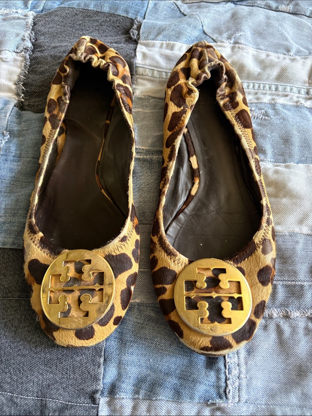 Tory Burch Pony Hair Leopard Print Logo Ballet Flats